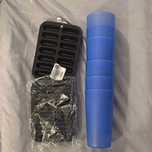 Blue Plastic Cups and Black Ice Tray Set